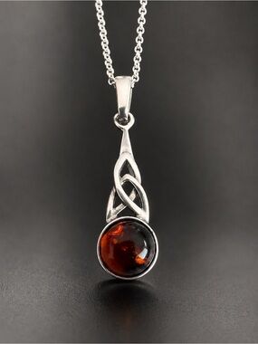 Estate Sterling Silver Celtic Knot Baltic Amber Necklace w/ Sterling Plate Chain